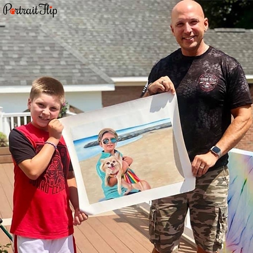 Happy customer with their hand-painted portrait from PortraitFlip