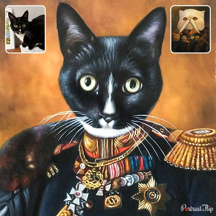 Hand-painted royal pet portrait of a decorated general dog
