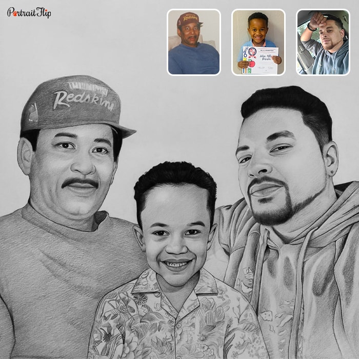 Compilation of pictures where a young boy is placed between two men