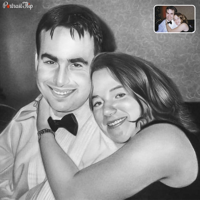 Charcoal drawings of a couple where the woman arms is around man’s neck