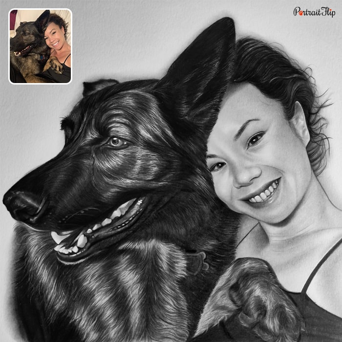 Picture of a woman with her dog is converted into charcoal paintings