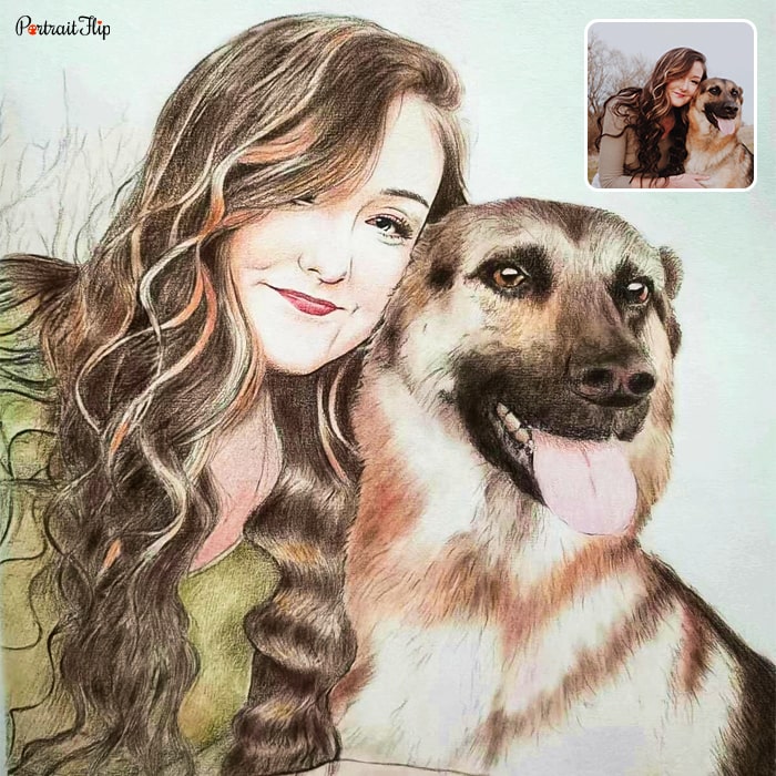 Colored pencil paintings of a woman with her dog