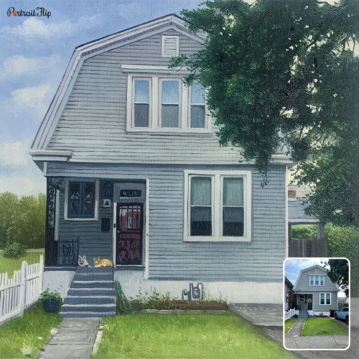 Housewarming Paintings that show a big house in grey