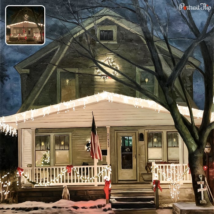 Painting of a house covered with lights