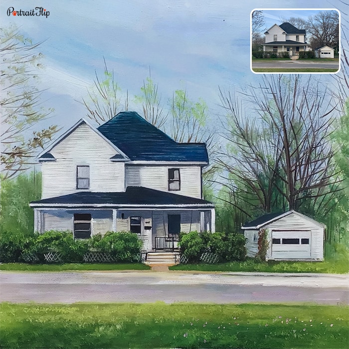 Housewarming Paintings of a white and blue house