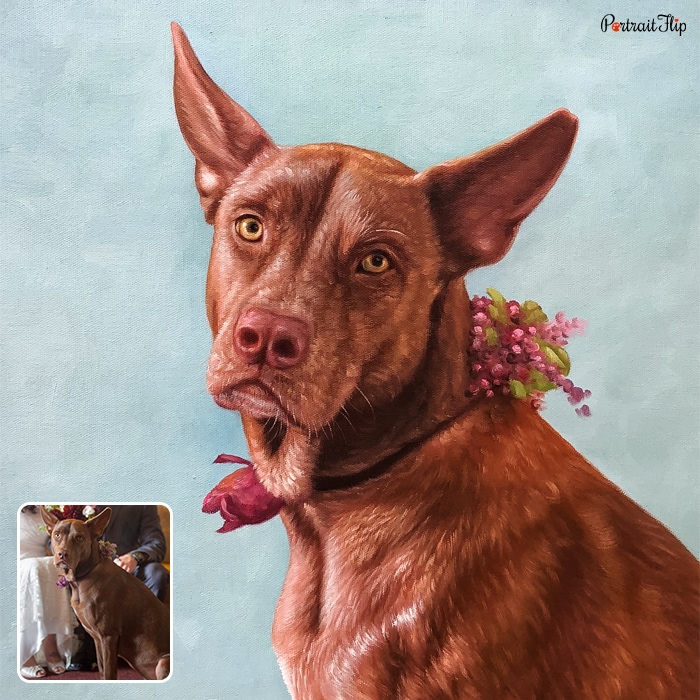 Picture of a dog with a floral band tied around his neck is converted into oil paintings