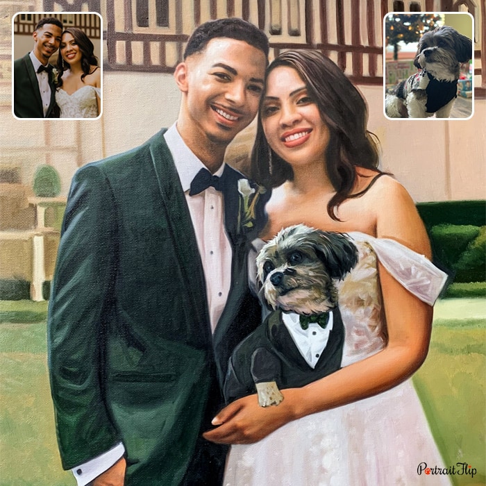 Compilation oil paintings of a bride and groom where the dog is placed in bride’s hand