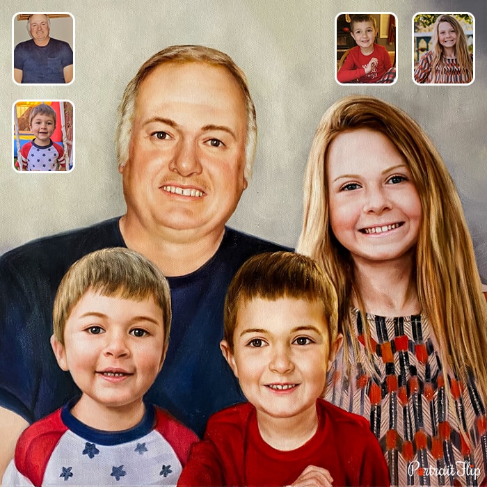 Compilation oil paintings where a man is standing behind two young boys with a girl beside him