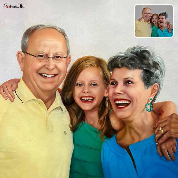 Picture of an old couple with a young girl standing in between with her arms around them is converted into oil paintings