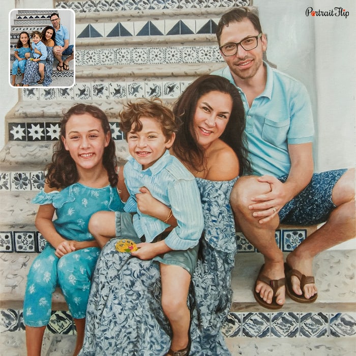 Picture of a family where a man is sitting on stairs and a woman sitting in front of him with a boy in her arms and a girl beside her that is converted into oil paintings