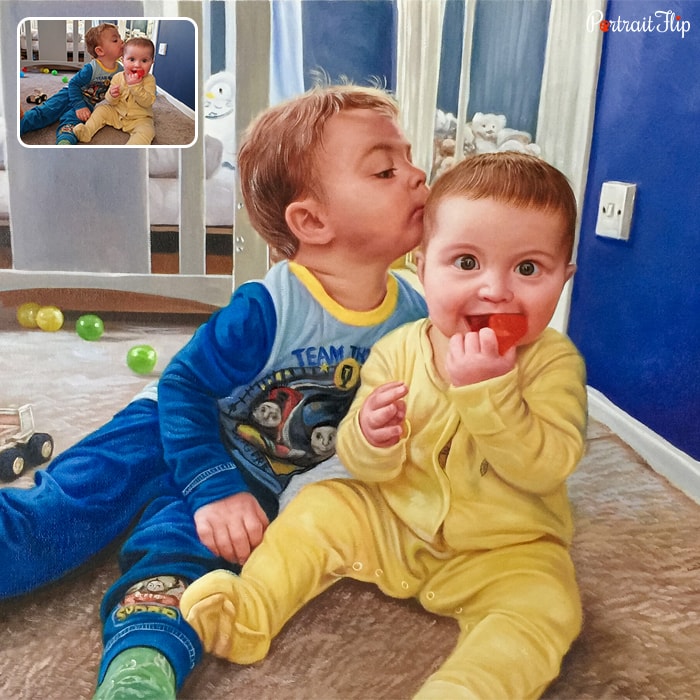 Oil paintings where a baby boy is kissing another baby boy on his head