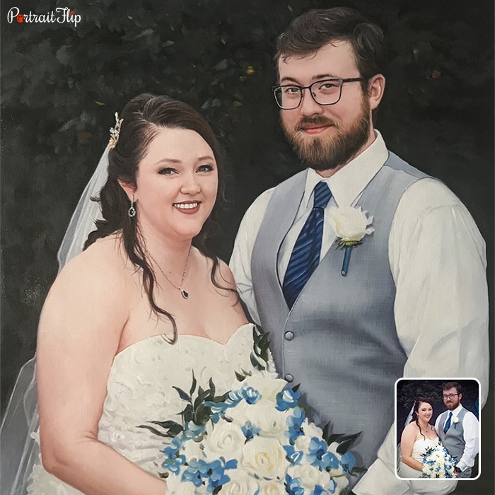 Picture of a bride and groom standing next to each other which is converted into oil paintings