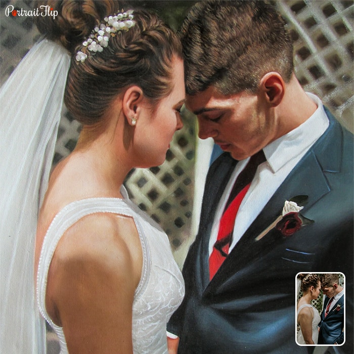 Picture of a bride and groom who are facing each other with their foreheads stick together is converted into oil paintings