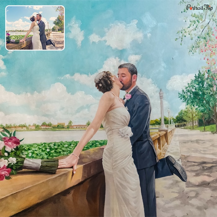 Oil paintings of a couple where the bride and groom are kissing each other