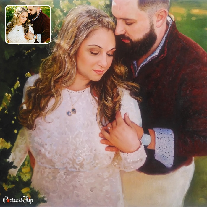 Picture of a man standing behind a woman, where the woman’s head is resting on man’s chest, is converted into oil paintings