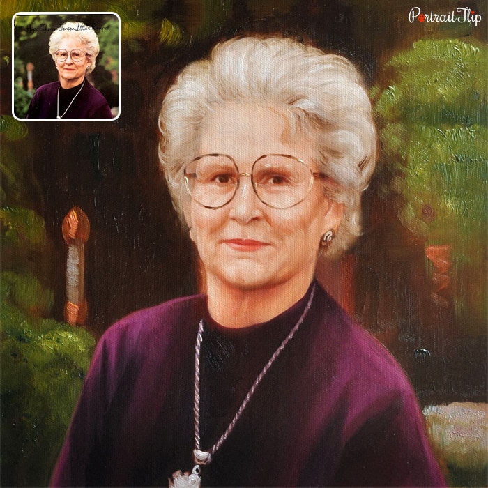 Oil paintings of an old woman standing in a blurring background