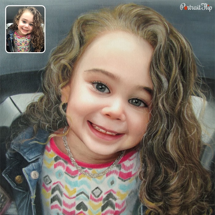 Picture of a young girl with curly hairs that is converted into oil paintings