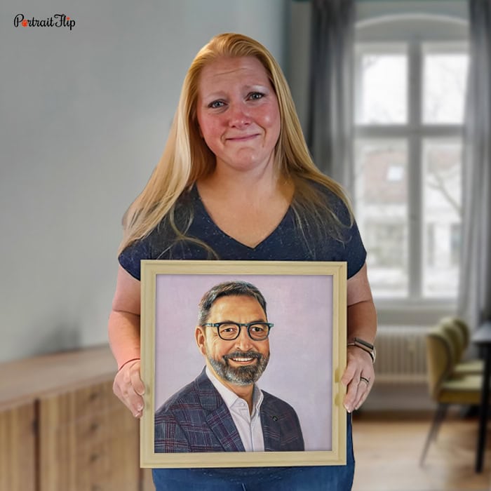 Happy customer holding her personal painting