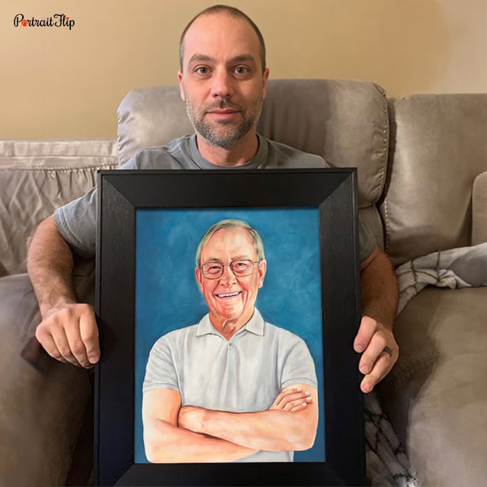 Happy customer posing with her personal portrait