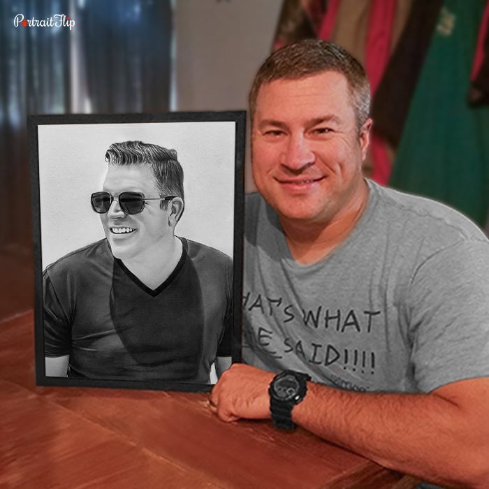 Happy customer unboxing a hand-painted portrait