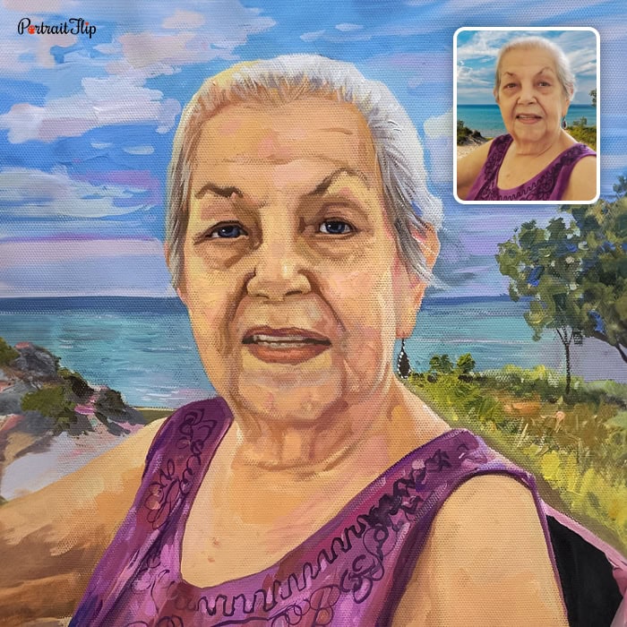 smiling old lady pastel painting