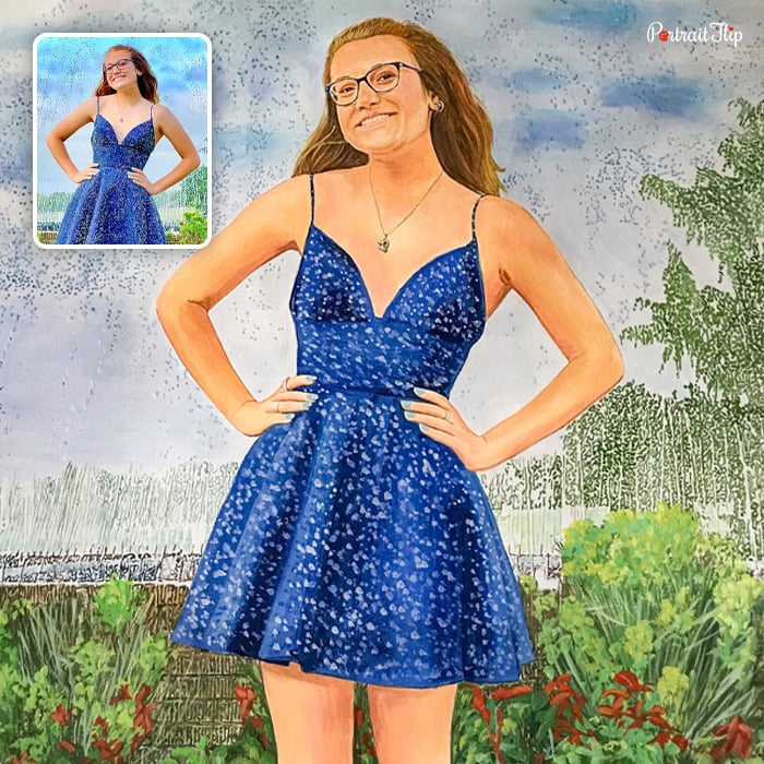 woman in blue dress pastel portrait