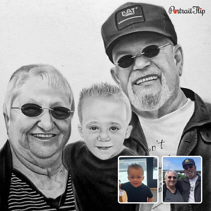 grandparents and kid pencil drawing