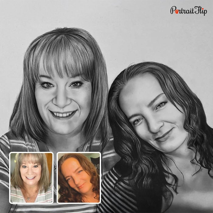 mother and daughter charcoal portrait