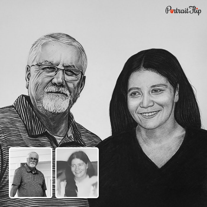 old man and lady charcoal portrait
