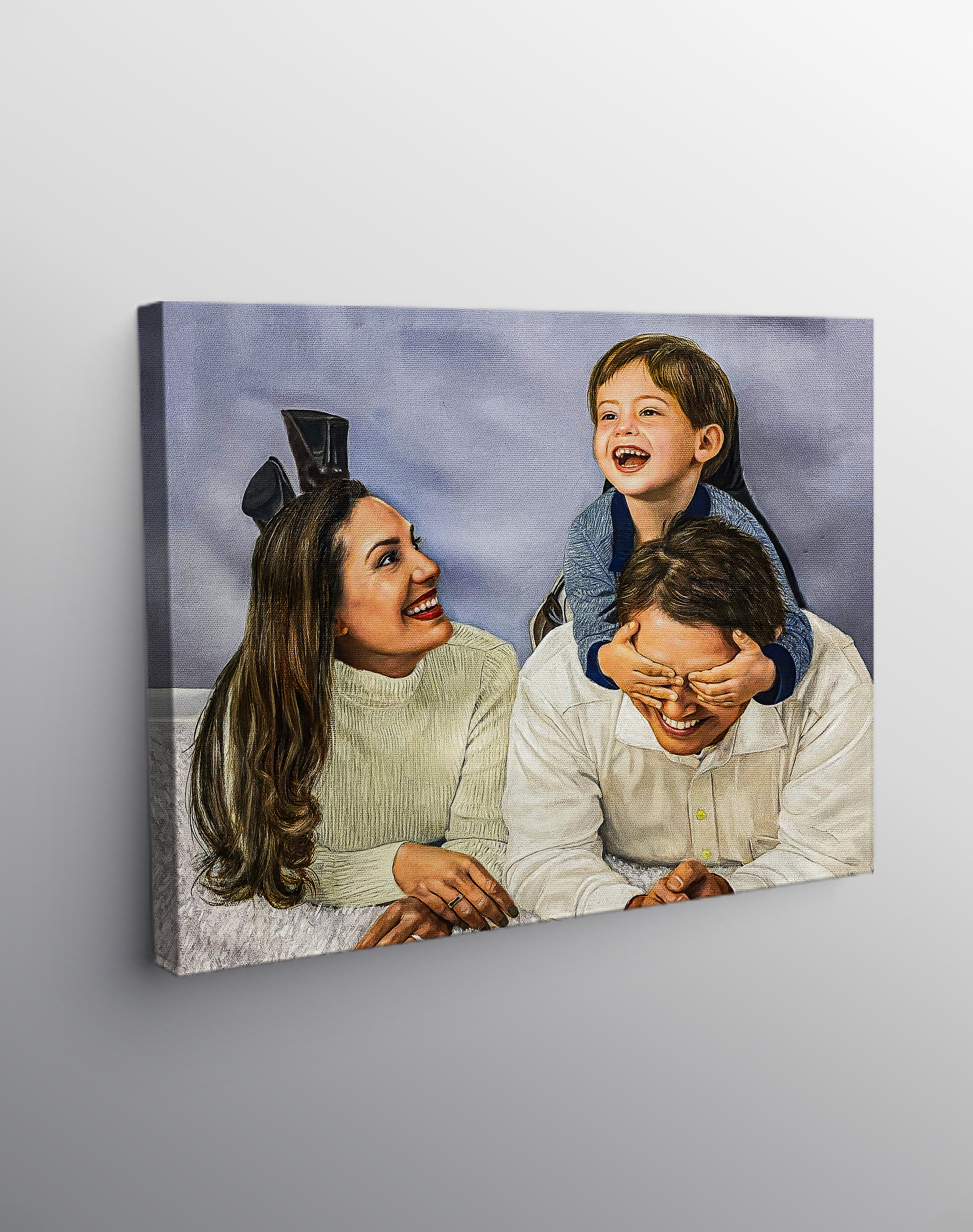 Gallery wrapped oil portrait of a father and son