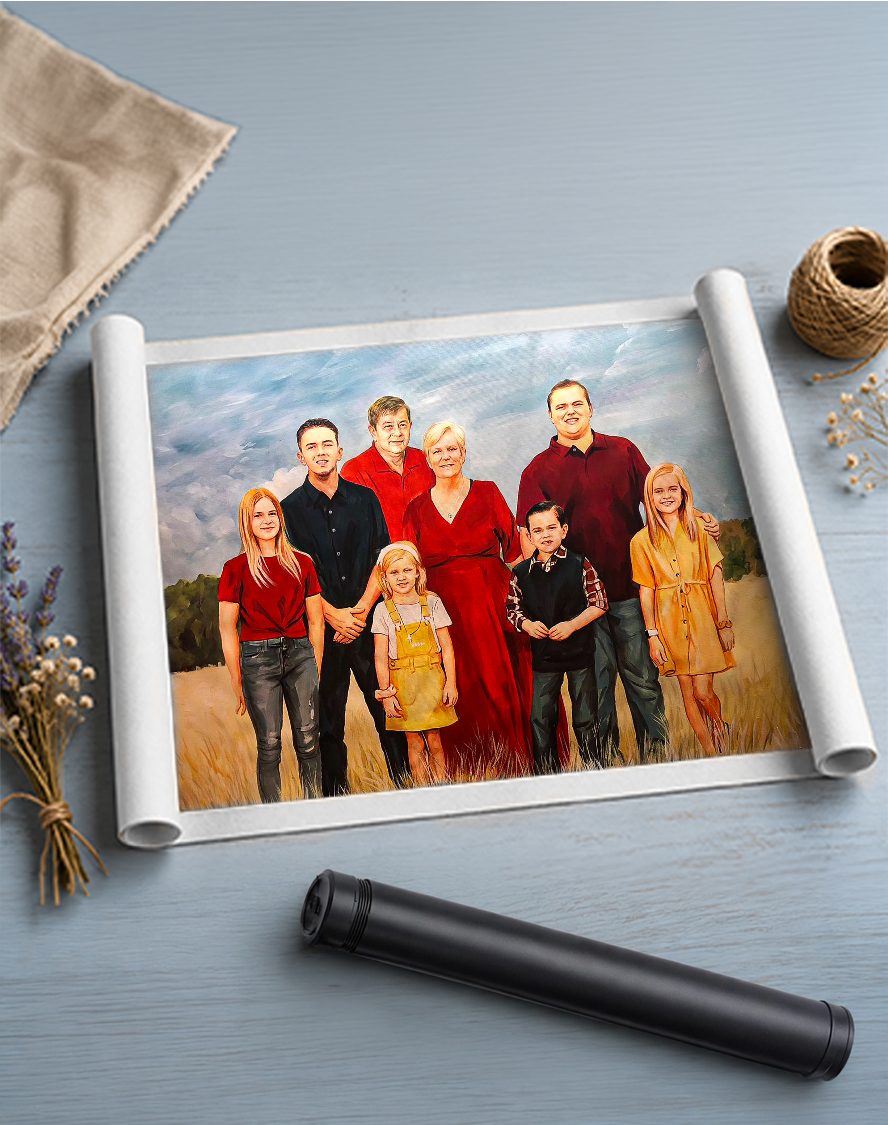 Rolled watercolor portrait of a family